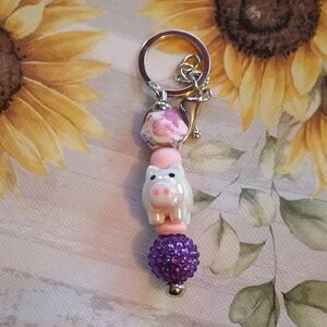 Piggy Charm Keychain with Purple and Pink Beads